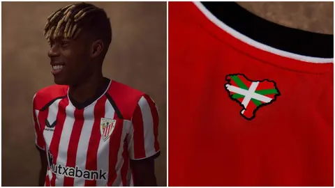 Nico Williams con la nueva camiseta de Osasuna y el mapa de Navarra incluido en Euskalerria con la ikurri&ntilde;a.