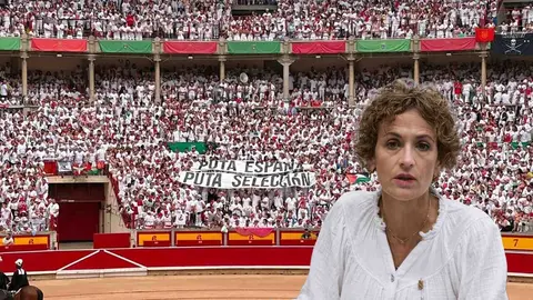 Fotomontaje de Mar&iacute;a Chivite sobre una imagen de una pancarta contra Espa&ntilde;a en la Plaza de Toros de Pamplona estos Sanfermines de 2026.