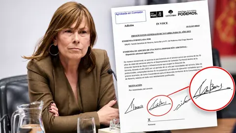 Uxue Barkos, junto a la enmienda que ella firm&oacute; para propiciar que Polo pudiera adjudicar las obras de Velate.