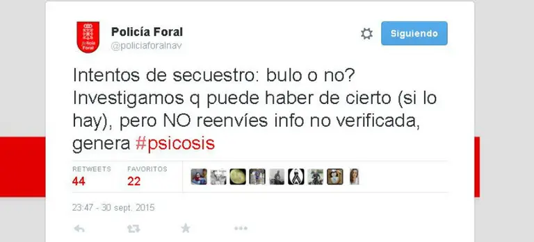 Alerta de Policía Foral en Twitter.