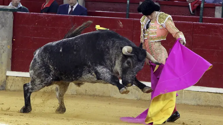 El novillero Leo Valadez en la faena a su primer toro, de la ganadería Vistahermosa Los Maños, en la novillada picada de la Feria del Pilar. EFE