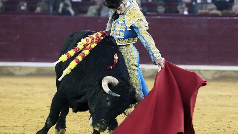 GRA274. ZARAGOZA, 17/10/2015.- El diestro Alejandro Talavante en la faena a su segundo toro, un sobrero de la ganadería del Puerto de San Lorenzo, durante la corrida de la Feria del Pilar de Zaragoza, un mano a mano con Alberto López Simón. EFE/Javier Cebollada