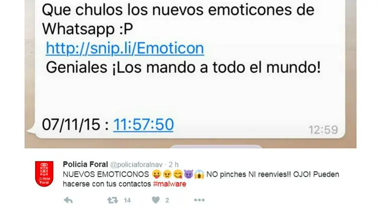 Twitter de la Polic&iacute;a Foral sobre el bulo de los emoticonos.