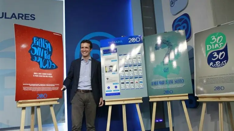 El vicesecretario de Comunicación del PP, Pablo Casado, presentado la campaña digital del partido. EP.