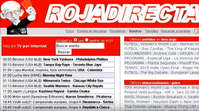 Pantalla principal de la web Rojadirecta.com