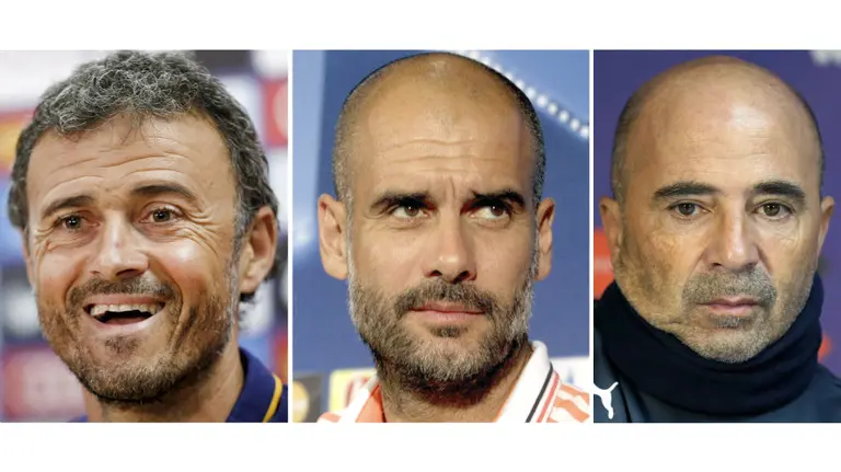 De izquierda a derecha, los españoles Luis Enrique (Barcelona) y Pep Guardiola (Bayern Múnich), y el argentino Jorge Sampaoli (selección de Chile). EFE