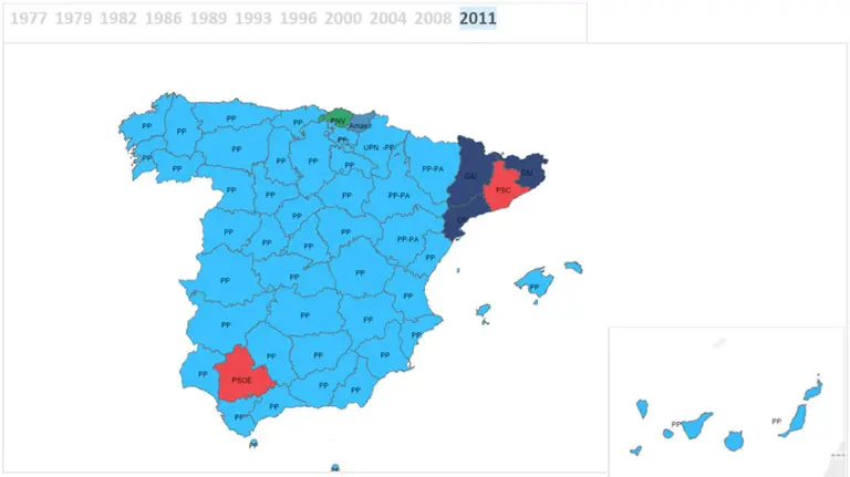Mapa de los resultados de las elecciones generales entre los años 1977 y 2011