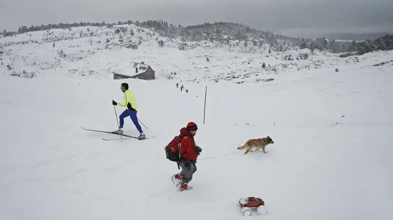Un esquiador y un montañero con un coche teledirigido y su perro se cruzan en la zona de El Ferial, en el puerto de Belagua. EFE.