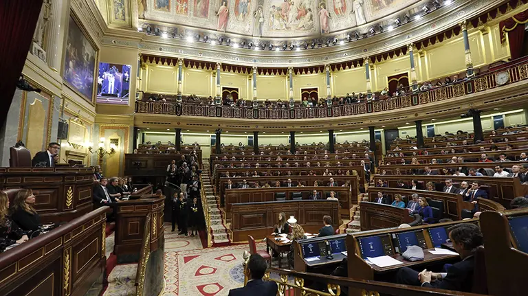 El recién elegido presidente del Congreso, Patxi López (i), se dirige a los diputados del Congreso durante la sesión constitutiva de la Cámara baja, que ha inaugurado hoy la XI legislatura. EFE/Sergio Barrenechea