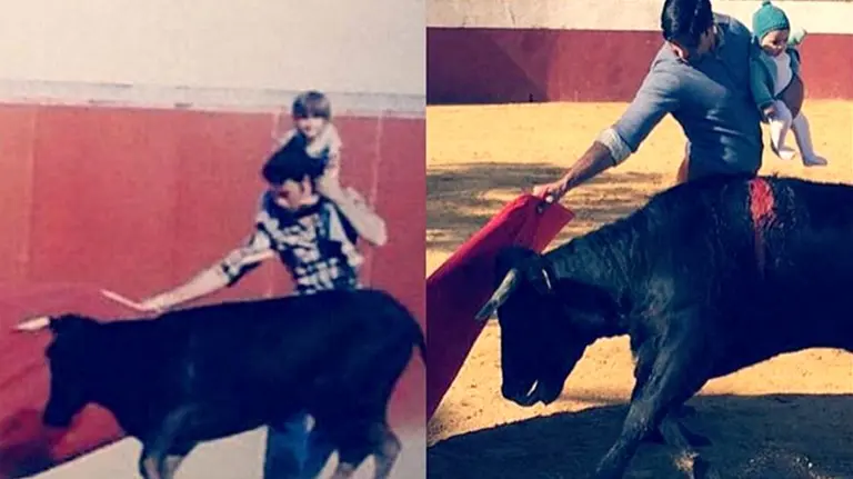 A la izquierda Paquirri lleva a hombros a Fran Rivera, a la derecha, Fran Rivera lleva en brazos a su hija Carmen. INSTAGRAM