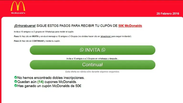 Falso cupón de McDonalds.