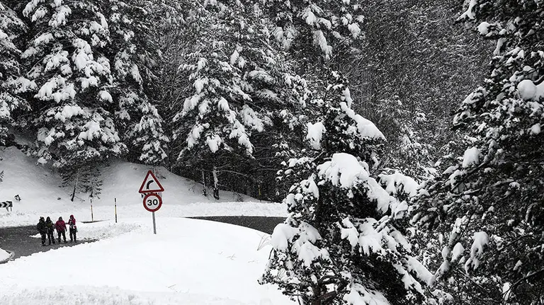 Un grupo de personas caminan por la NA-137 en el puerto de Belagoa que se encuentra cerrado al paso de vehículos mientras las máquinas quitanieves trabajan en la zona de El Ferial para despejar la calzada de la nieve acumulada por el temporal que afecta fundamentalmente al norte de la Comunidad Foral Navarra durante 2016. EFE/Jesús Diges