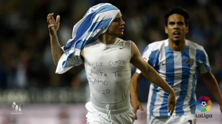 Juampi celebra el gol marcado por su equipo al Sporting. Lfp.