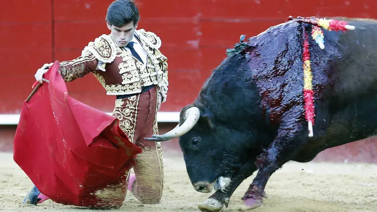 GRA261. VALENCIA, 12/03/2016.- El diestro José Garrido da un pase de rodillas a su primer astado "Retama" al que ha cortado dos orejas en la corrida de toros de la Feria de Fallas en la que ha compartido cartel con Juan José Padilla y Fortes con toros de Fuente Ymbro. EFE/Kai Försterling