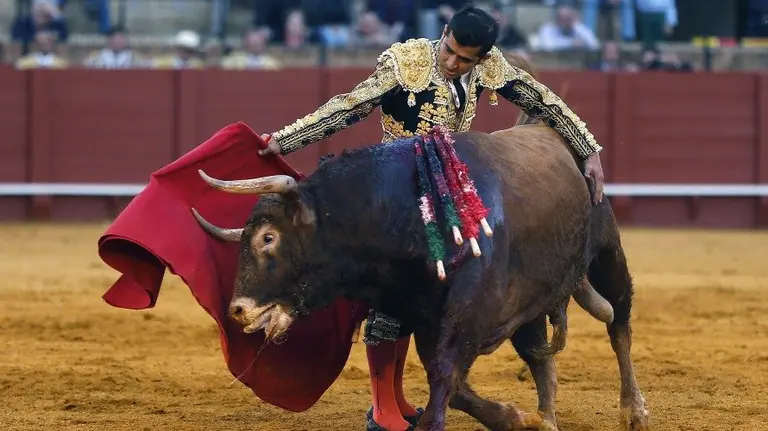 El matador Joselito Adame en su segundo de la quinta corrida de abono de la Feria de Abil. EFE. JOSÉ MANUEL VIDAL