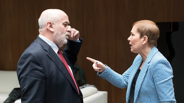 El consejero Mendoza habla con Uxue Barkos momentos antes del Pleno. PABLO LASAOSA