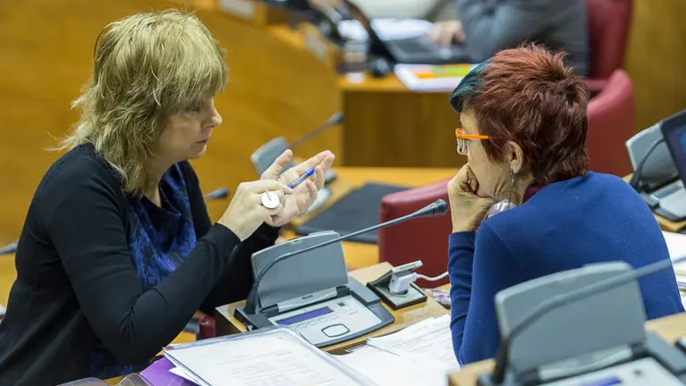 Ana Ollo, portavoz del Gobierno, habla con Tere Sáez, de Podemos. ÍÑIGO ALZUGARAY