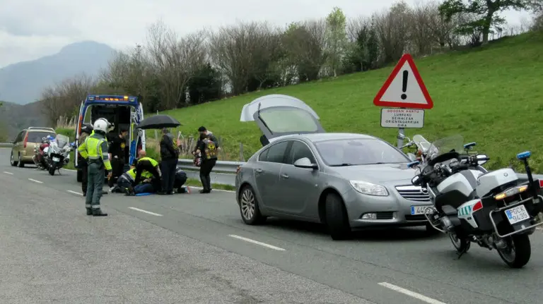Agentes de la Guardia Civil atienden el accidente de la moto ocurrido cerca de Elizondo.