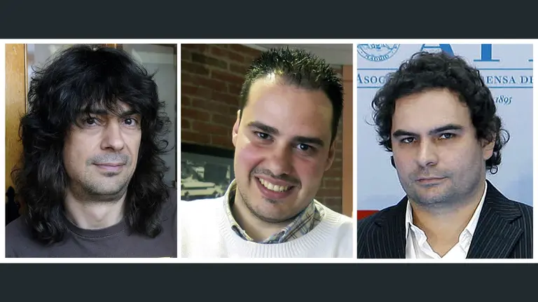 GRA010.MADRID, 08/05/2016.- Fotografías de archivo de los periodistas españoles José Manuel López, Antonio Pampliega, y Ángel Sastre (i-d), liberados ayer en Siria, donde permanecían secuestrados en Alepo desde julio del año pasado, que han llegado hoy a España, a la Base Aérea de Torrejón de Ardoz, en Madrid. EFE/