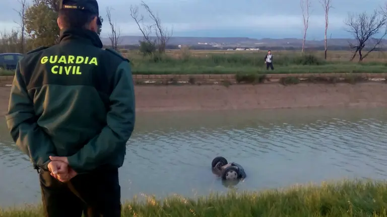 Un agente de la Guardia Civil observa el coche sumergido del vecino de Ribaforada.