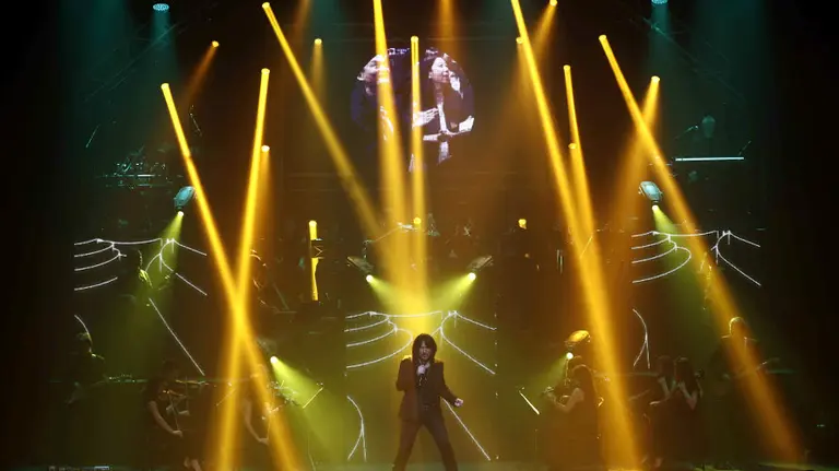 El cantante Pablo Perea durante la puesta en escena de espectáculo Symphonic of Pink Floyd, este miércoles en el teatro Gayarre de Pamplona. EFE