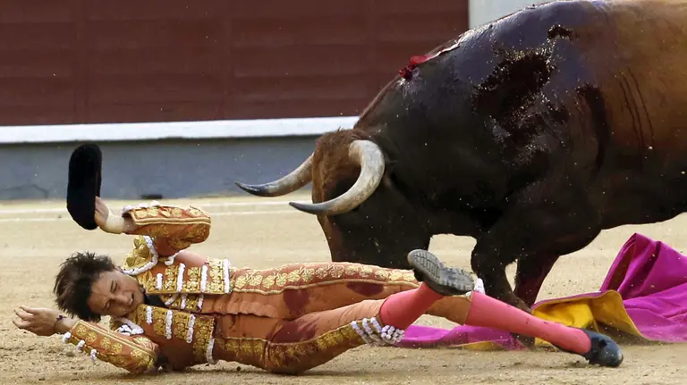 GRA495. MADRID, 15/05/2016.- El torero peruano Roca Rey sufre un revolcón en su segundo toro durante la corrida de la Feria de San Isidro celebrada hoy día del patrón en la plaza de Las Ventas, en la que ha compartido cartel con los extremeños Posada de Maravillas, que confirma alternativa, y Alejandro Talavante, con toros de Juan Pedro Domecq. EFE/MARISCAL