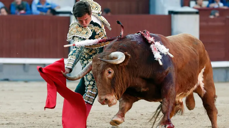 GRA433. MADRID, 20/05/2016.- El diestro Julián López "El Juli" da un pase con la muleta al primero de su lote, durante la corrida de toros de la Feria de San Isidro celebrada esta tarde en la plaza de Las Ventas, en Madrid. EFE/JuanJo Martín