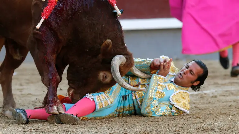 GRA487. MADRID, 27/05/2016.- El diestro David Mora sufre un revolcón de su primer toro, durante la vigésimo segunda de la feria de San Isidro, hoy en la Monumental de Las Ventas, en la que ha compartido cartel con David Fandila 'El Fandi' y Alberto López Simón ante reses de la ganadería El Pilar. EFE/Kiko Huesca