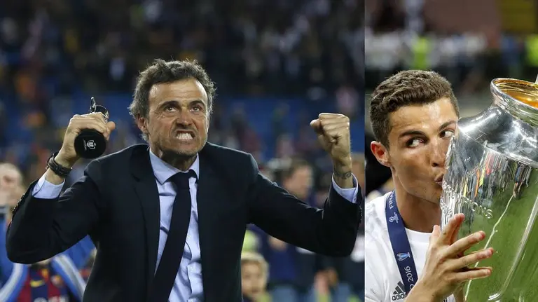 Luis Enrique celebra la Copa del Rey del Barça y Cristiano Ronaldo besa la undécima Champions del Madrid