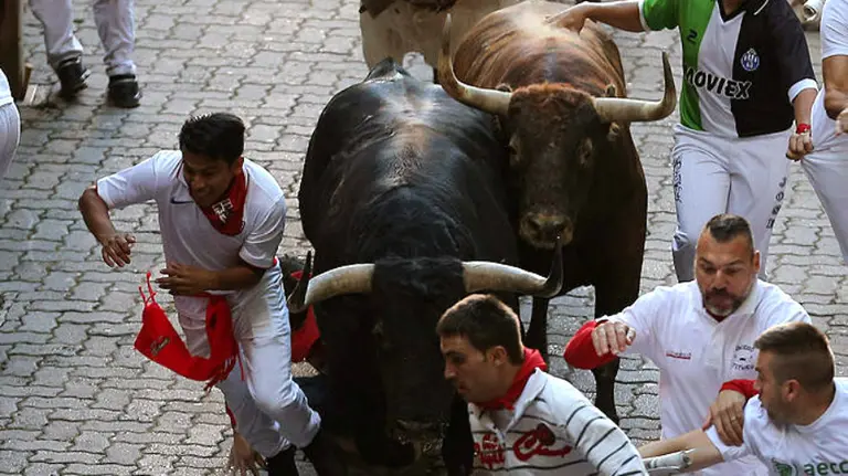 Un momento del encierro de Victoriano del Río celebrado en Pamplona en 2015. EFE
