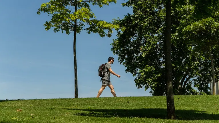 Tiempo. Un hombre pasea por la Vuelta del Castillo de Pamplona. IÑIGO ALZUGARAY