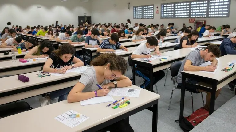 Una imagen de estudiantes antes de iniciarse la prueba en el Aula 09 del campus de Arrosadia, en Pamplona. 4