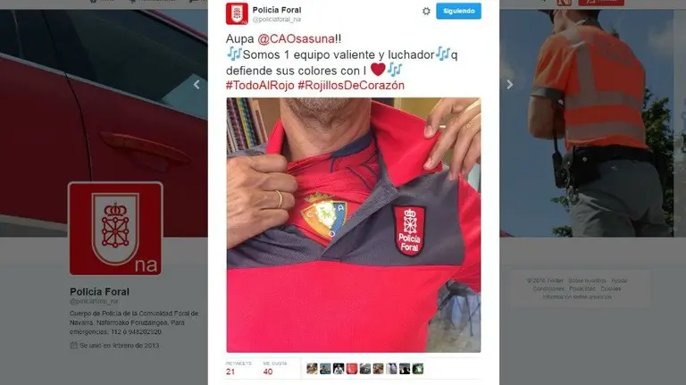 Tuit de apoyo de la Policía Foral a Osasuna. 