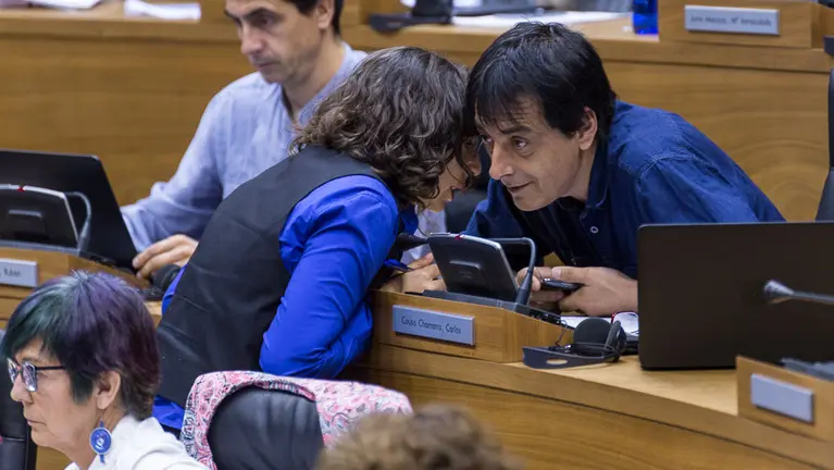 Laura Pérez y Carlos Couso en el pleno del Parlamento de Navarra (1). IÑIGO ALZUGARAY