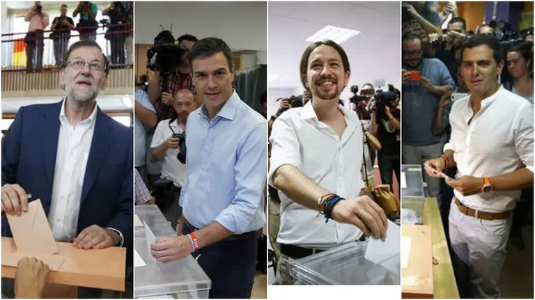 Mariano Rajoy, Pedro Sánchez, Pablo Iglesias y Albert Rivera votan en las elecciones del 26-J en España.