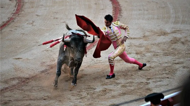 El estellés Francisco Marco durante la Feria del Toro con los diestros Bautista y Aguilar lidiando los astados de José Escolar. PABLO LASAOSA