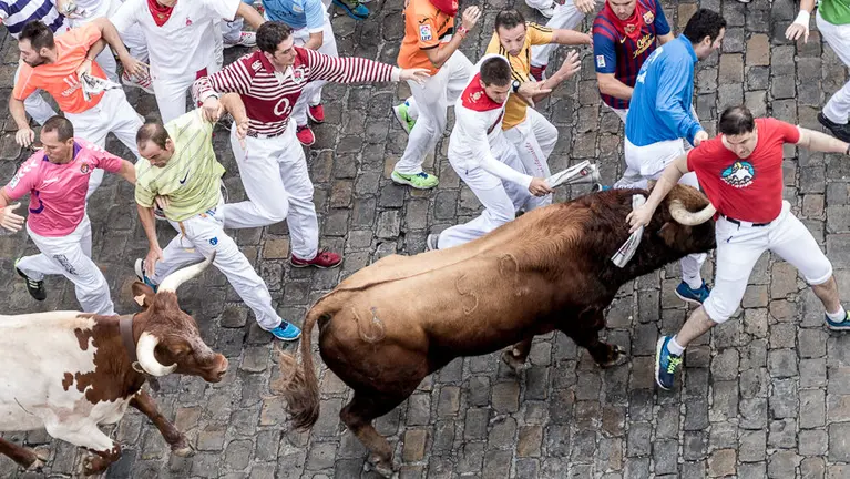 Cuarto encierro de sanfermines con toros de Pedraza de Yeltes. Tramo de Telefónica (7). IÑIGO ALZUGARAY