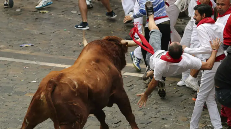 n toro de la ganadería de Yeltes voltea a un mozo en la Plaza Consistorial durante el cuarto encierro que ha sido rápido.  EFEJuan Pedro Urdíroz
