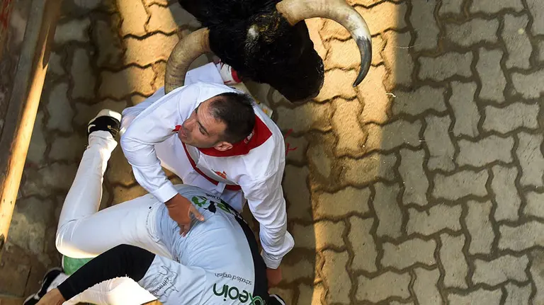 Dos mozos delante de los toros de Pedraza de Yeltes en el callejón. REUTERS (1)