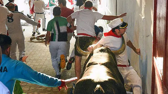 Quinto encierro de San Fermín con toros de Jandilla en el callejón de la plaza. JOSÉ INDART (5)