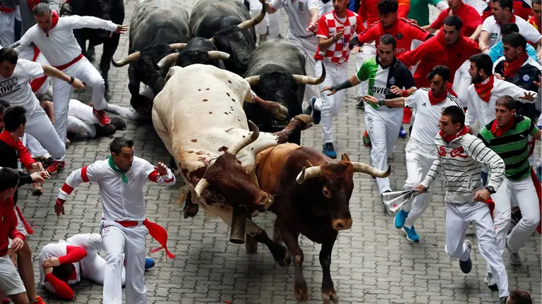 Toros de Miura en la entrada al callejón durante el último encierro de San Fermín 2016. REUTERS. Susana Vera (8)