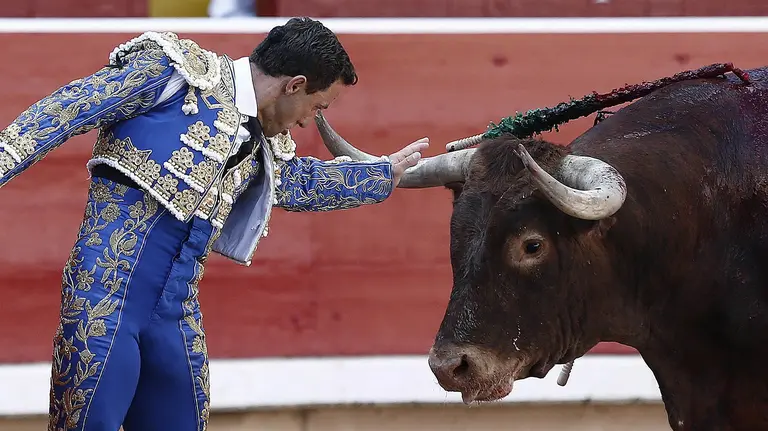 GRA371. PAMPLONA, 14/07/2016.- El diestro Rafael Rubio &#34;Rafaelillo&#34; se planta ante el primero de su lote, durante la última corrida de la Feria de San Fermín celebrada esta tarde en la plaza de toros de Pamplona. EFE/Jesús Diges
