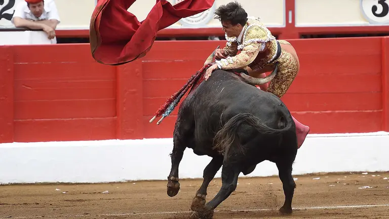 El diestro Gonzalo Caballero sufre una cogida en un momento de la corrida toros en la plaza de Cuatro Caminos de Santander con toros de la ganadería de El Tajo y La Reina. EFE/ Pedro Puente Hoyos