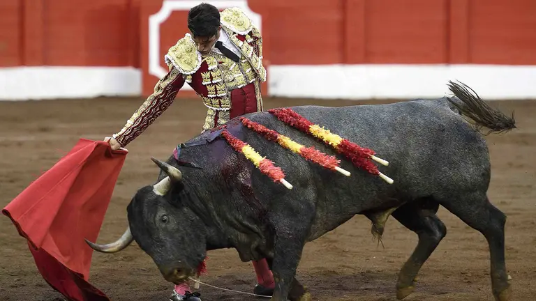 El diestro Alejandro Talavante da un pase de muleta en el último día de la Feria de Santiago. EFE/ Pedro Puente Hoyos