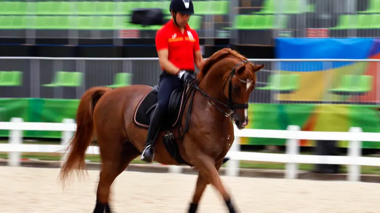 El jinete de doma Severo Jesús Jurado López de España monta a Lorenzo durante una sesión de práctica de adiestramiento para los Juegos Olímpicos Río 2016 en el Centro Ecuestre Olímpico en Río de Janeiro (Brasil). EFE