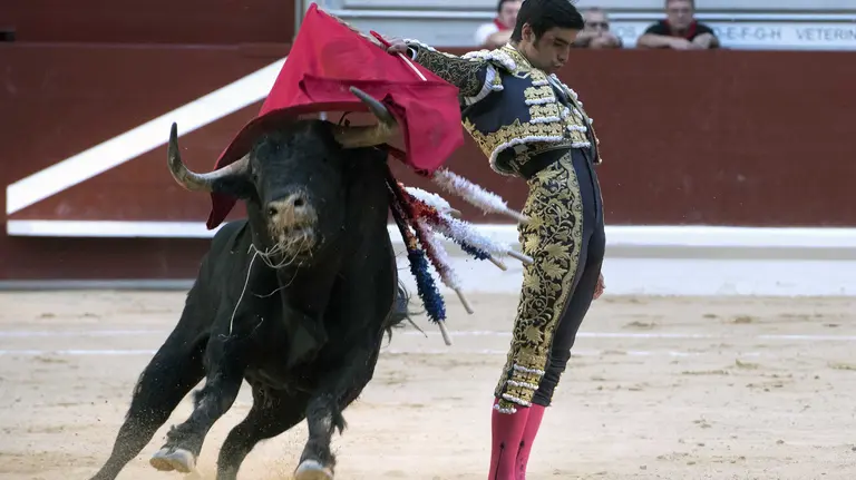 El diestro Miguel Ángel Perera da un pase a su segundo toro en la segunda corrida de la feria de La Blanca con toros de la ganadería Valdefresno y en la que ha compartido cartel con Joselito Adame y Ginés Marín. EFE/ADRIÁN RUIZ DE HIERRO