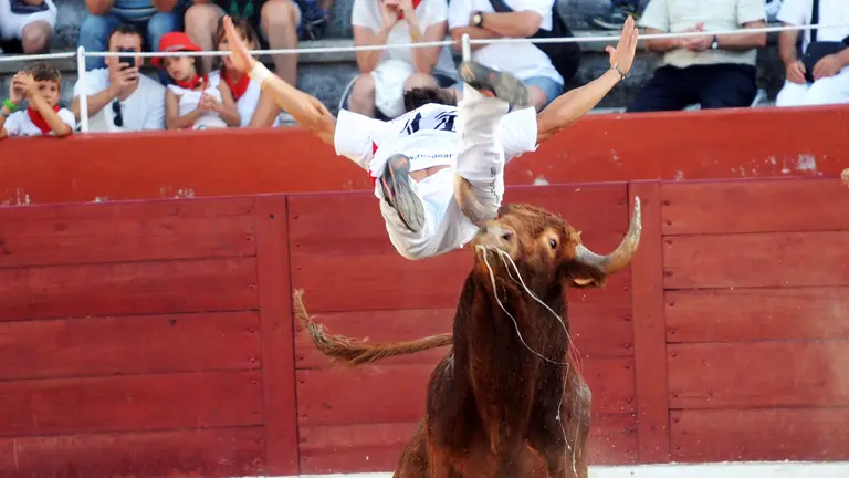 Momento de la cornada al recortador Javier Prádanas en Estella. MIGUEL OSÉS.