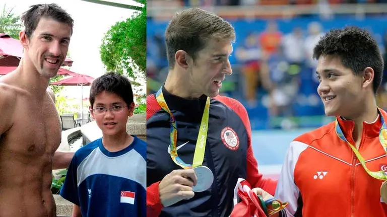 Michael Phelps y Joseph Schooling con 8 años de diferencia entre las dos imágenes.