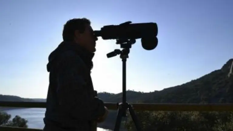 Un aficionado a la ornitología observando aves.