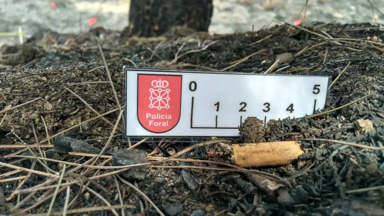 La colilla encontrada en el punto donde se inició el incendio forestal que ha calcinado tres mil hectáreas en la Zona Media de Navarra